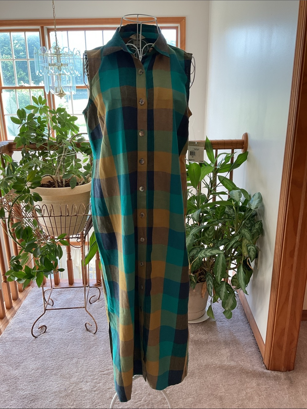 Teddi Sleeveless Plaid Button-Front Maxi Dress in Teal and Mustard NWT Petite M